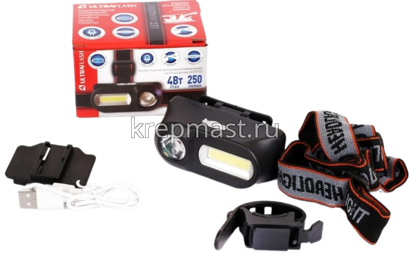 Фонарь ULTRAFLASH налобный аккум. черный XPE+COB LED