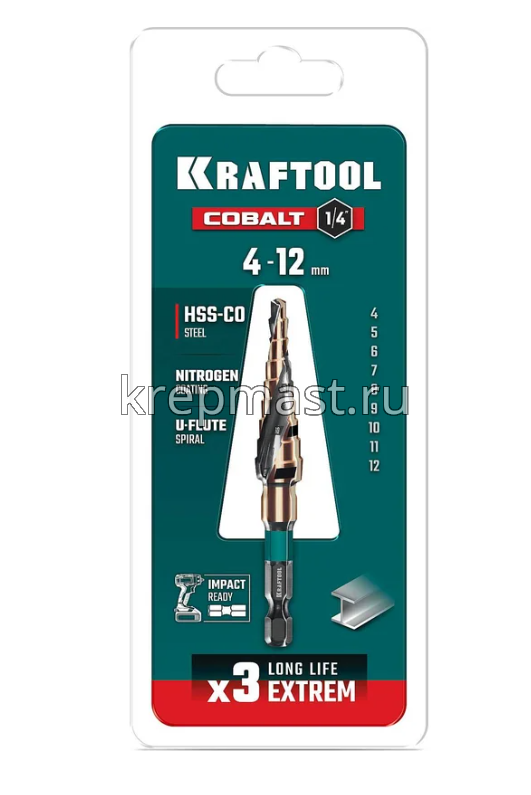 Сверло KRAFTOOL COBALT ступенчатое по металлу (4-12мм) 9ступеней