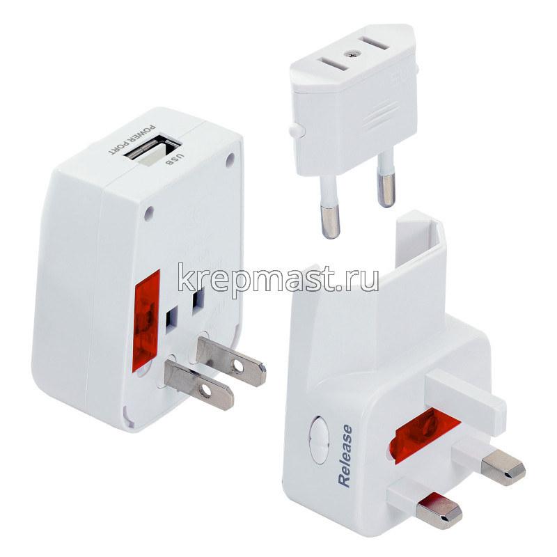 Травел-адаптер 100-250В 3А 5в1 с USB-зарядкой ТDМ